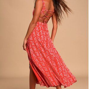 Lulu's Red Print Lace-up Backless Dress (Red, Medium)
